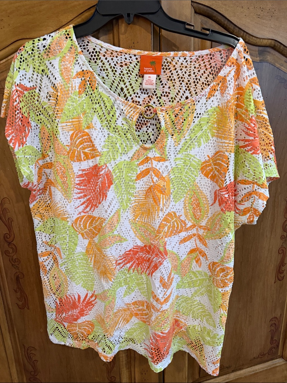 Hearts of Palm Tropical Lace Crochet Top with Orange & Lime Leaf Print